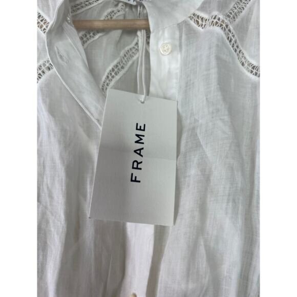 NWT Frame Inset Lace Puff Sleeve Button Front Dress White Blanc Size: Large - Picture 4 of 8